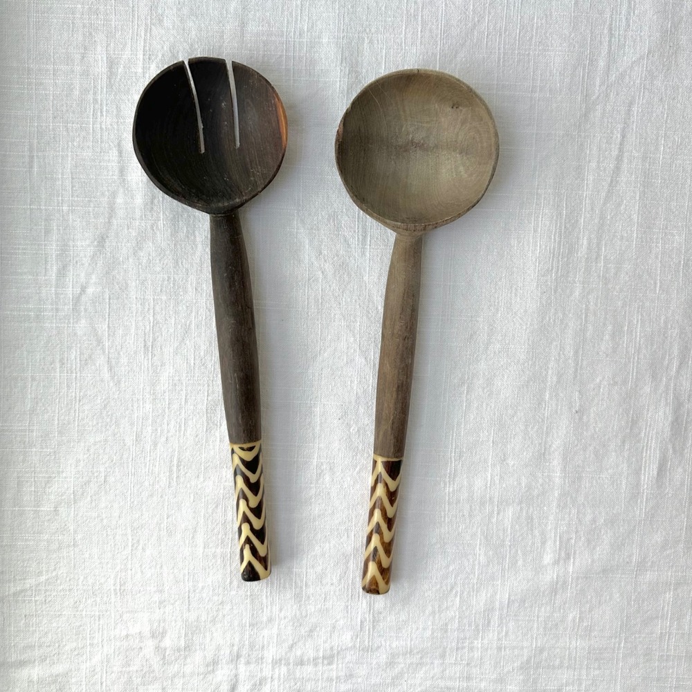 Vintage Salad Servers Wooden Serving‎ Spoon Fork Set Decorative Inlay African